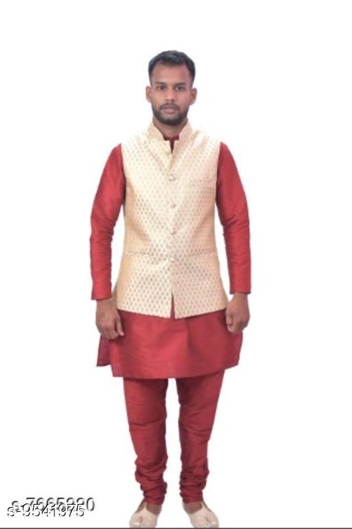 Dupion Silk Solid Kurta with Pyjama & Jacket for Men (Red & Peach, S)