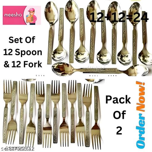 Stainless Steel 12 Pcs Spoons with 12 Pcs Forks (Silver, Set of 2)