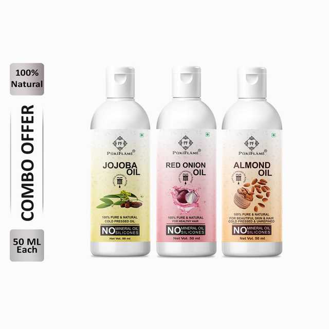 Puriflame Pure Jojoba Oil (50 ml), Red Onion Oil (50 ml) & Almond Oil (50 ml) Combo for Rapid Hair Growth (Pack of 3) (B-11587)