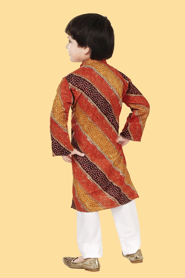 Cotton Blend Printed Kurta with Pyjama for Boys (Orange & White, 2-3 Years)