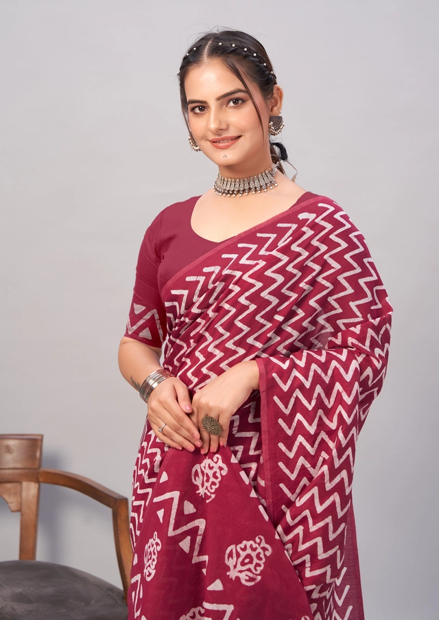 Chanderi Cotton Printed Sarees for Women (Maroon, 6.3 m)