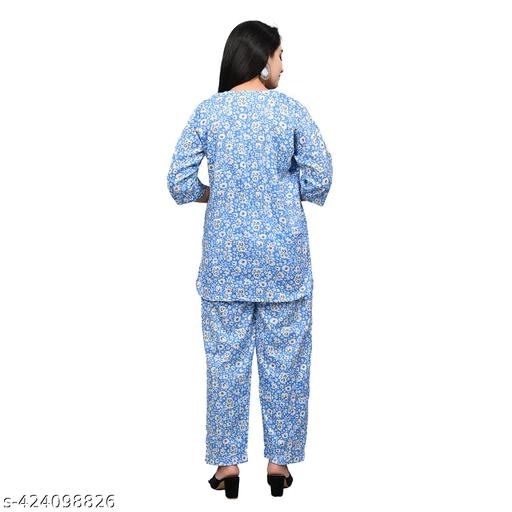 Rayon Printed Nightsuit for Women (Blue, S)