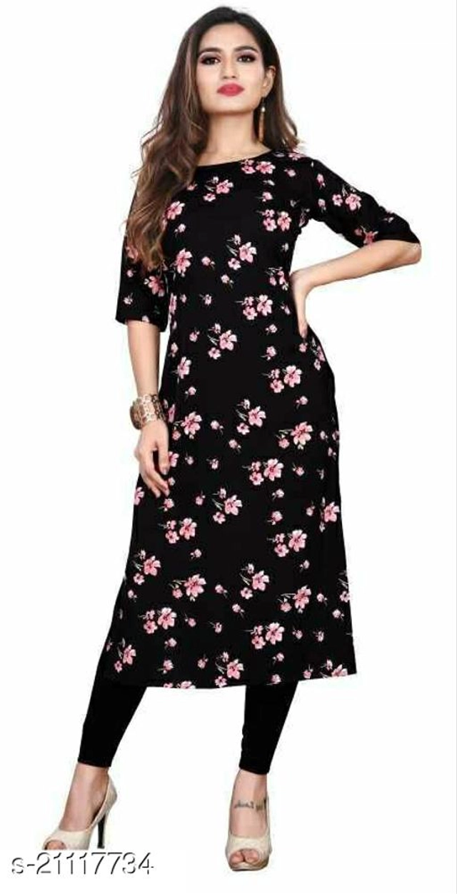 Crepe Printed Kurti for Women (Black, XXS)