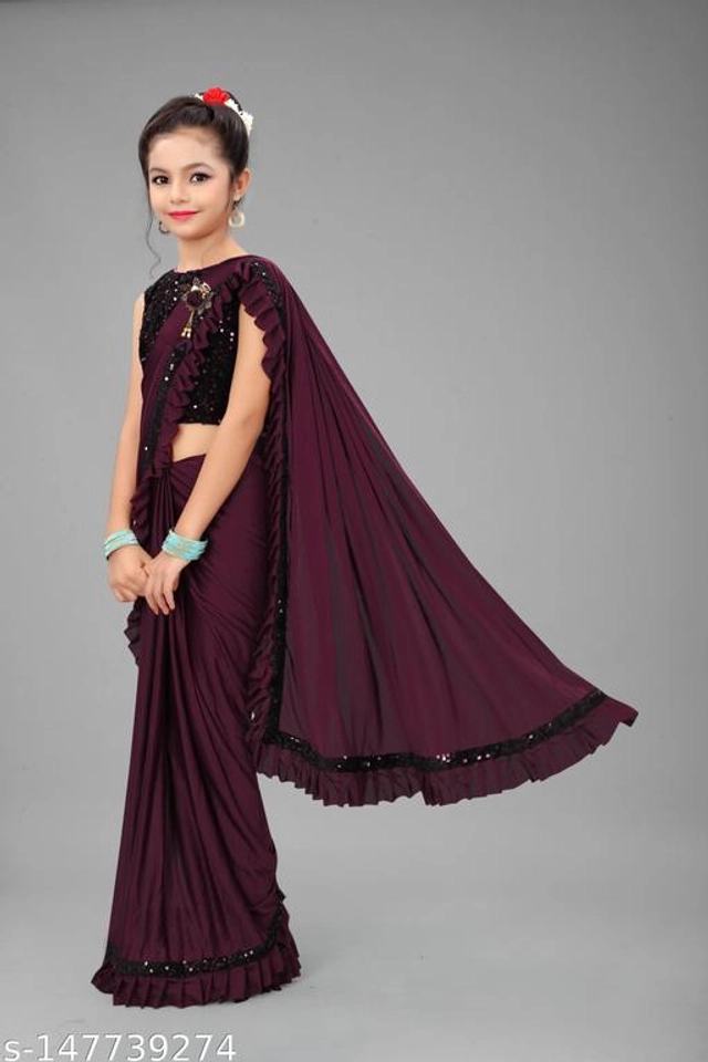 Solid Fancy Saree for Girls with Blouse (Wine, 3-4 Years)