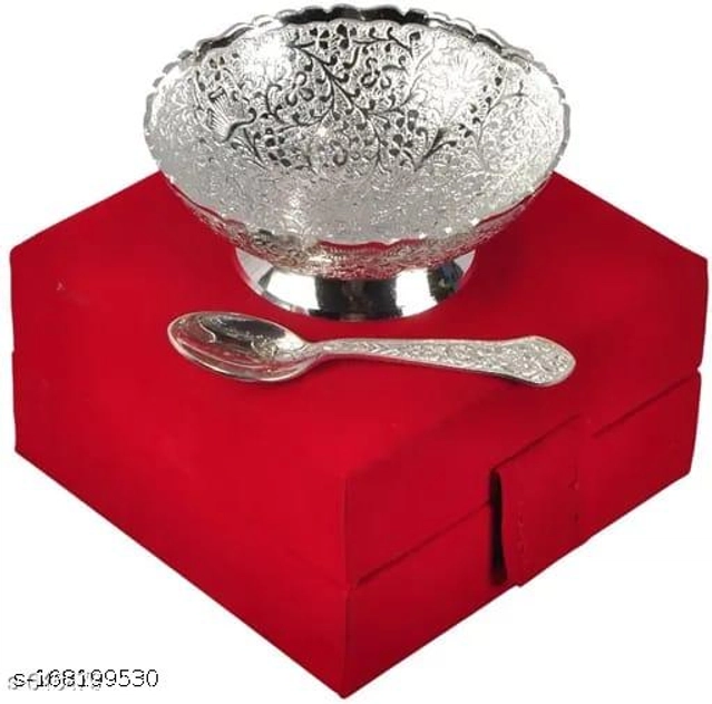 Diwali Pooja Bowl with Spoon for Bhog (Silver, Set of 1)