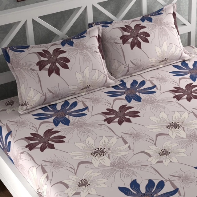 CG Homes 210 TC Flat Double Printed King Size Bedsheet With 2 Pillow Cover Cotton (90 X 100 inches, Grey Flower)