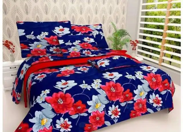 Polycotton Double Bedsheet with 2 Pillow Cover (Navy Blue, 86X88 inch) (Sh-19)