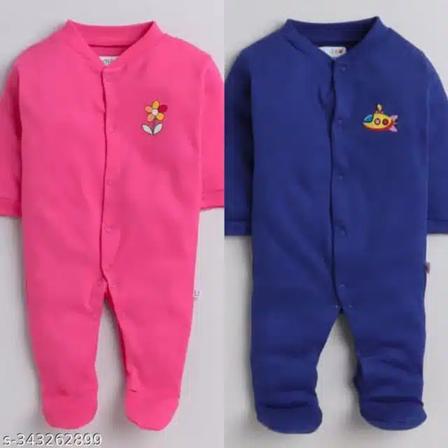 Cotton Rompers for Kids (Royal Blue & Dark Pink, 0-3 Months)