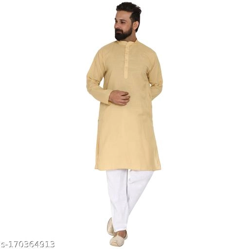 Cotton Blend Solid Kurta with Pyjama for Men (Peach & White, S)