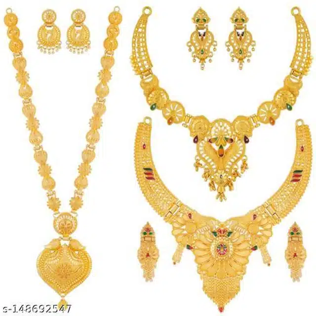 Necklace with Earrings for Women (Gold, Set of 3)