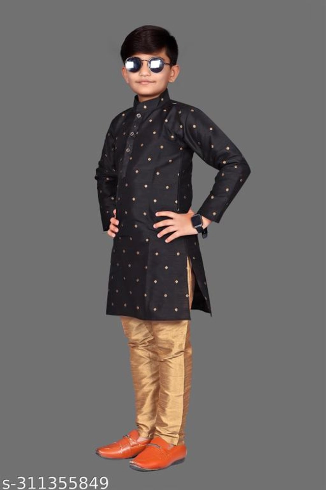 Art Silk Kurta Sets for Boys (3-4 Years, Black & Green)