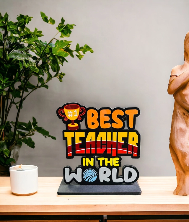 Wooden Handcrafted Best Teacher In The World Trophy Gifts (Multicolor, 14.5 cm)