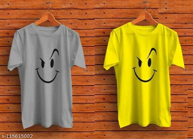 Exclusive Printed Cotton Half Sleeves Men T-Shirt (Pack Of 2) (Grey & Yellow, XL) (K-38)