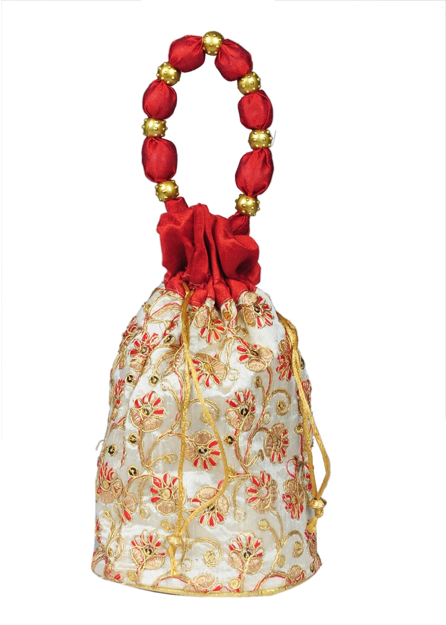 Silk Floral Ethnic Rajasthani Traditional Work Potli with Handle for Return Gifts (Maroon)