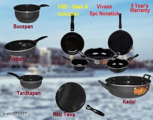 Combo of Sauce Pan, Tadka Pan, Fry Pan, Tawa & Kadai (Black, Set of 5)