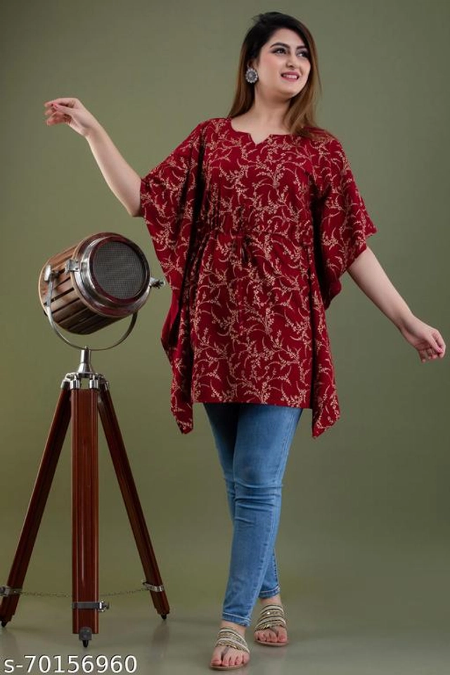 Rayon Printed Kaftan Top for Women (Maroon, S)