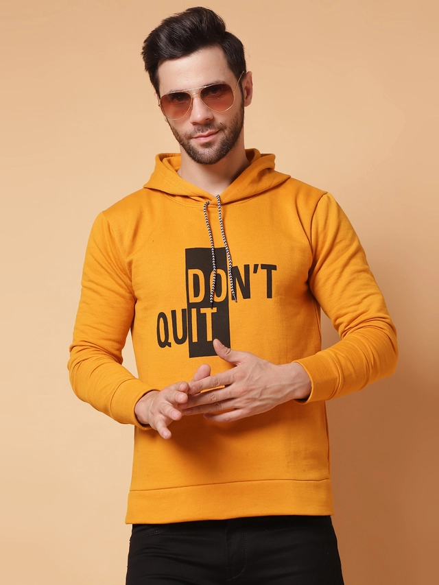 Fleece Printed Hoodie for Men (Yellow, XL)