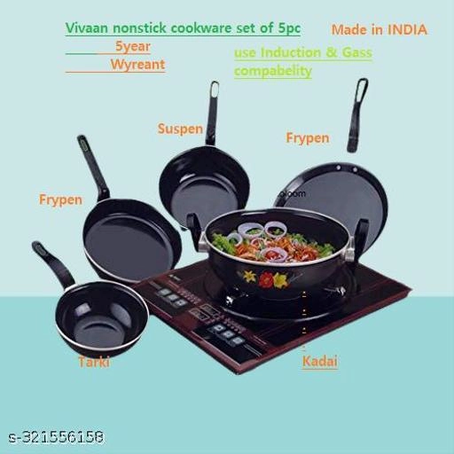 Combo of Sauce Pan, Tadka Pan, Fry Pan, Tawa & Kadai (Black, Set of 5)