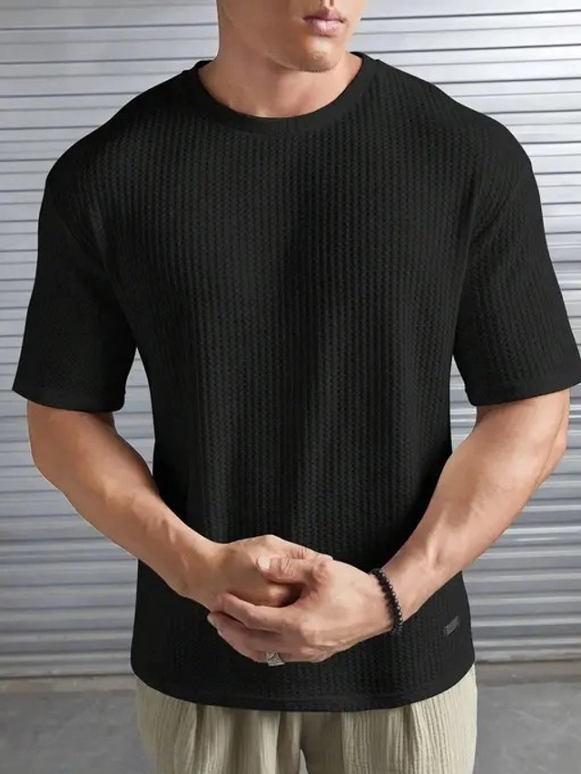 Round Neck Solid T-Shirt for Men (Black, M)