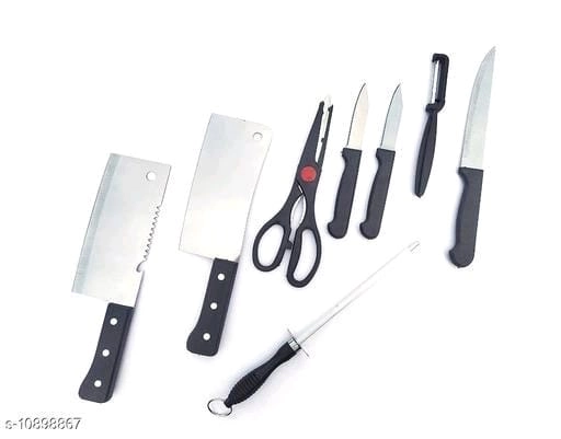 Stainless Steel 2 Pcs Meat & 3 Pcs Vegetables Knife, Peeler, Scissor & Knife Sharpener (Black & Silver, Set of 8)