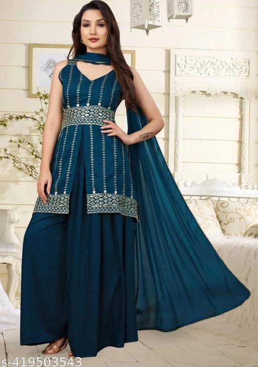 Rayon Embroidered Kurti with Sharara & Dupatta for Women (Teal, S)