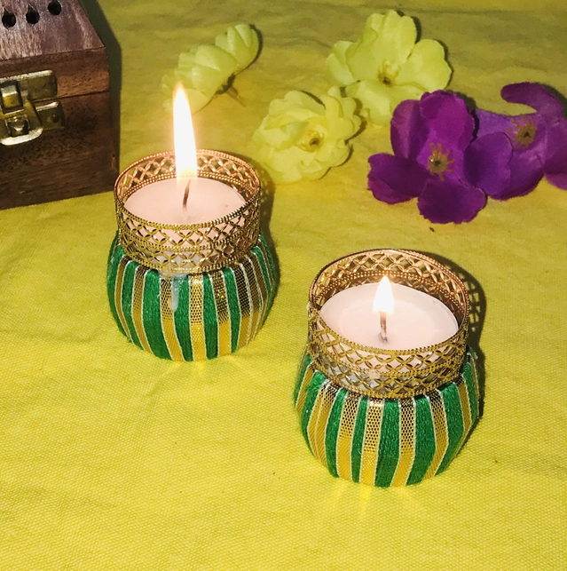 Metal Designer Tealight Candle Holder (Green, 4x4x5 cm) (Pack of 4)