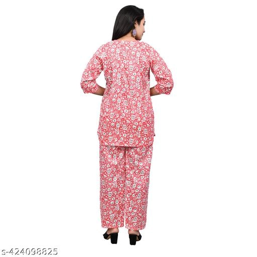 Rayon Printed Nightsuit for Women (Red, S)