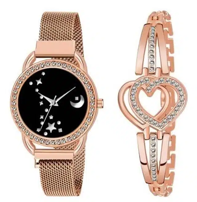 Analog Watch with Bracelet for Women & Girls (Gold, Pack of 2)