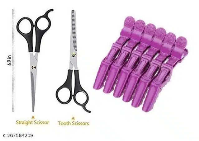 2 Pcs Hair Cutting Scissors with 6 Pcs Crocodile Clip for Saloon (Black & Purple, Set of 8)