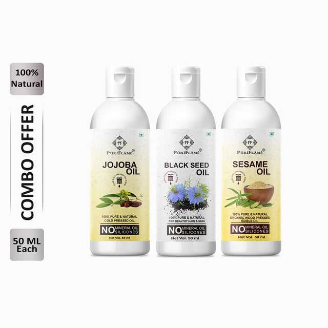 Puriflame Pure Jojoba Oil (50 ml), Black Seed Oil (50 ml) & Sesame Oil ( 50 ml) Combo for Rapid Hair Growth (Pack Of 3) (B-11431)