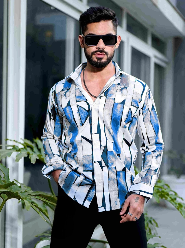 Full Sleeves Printed Shirt for Men (Blue & White, S)