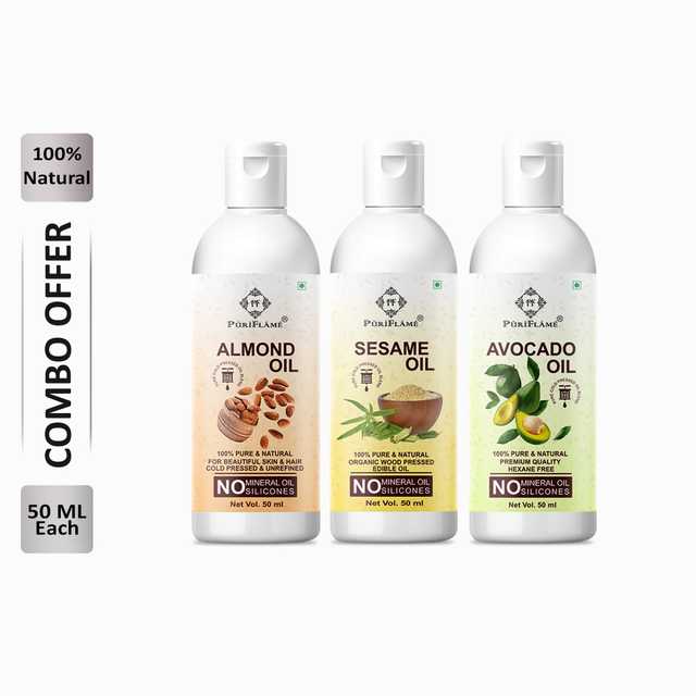 Puriflame Pure Almond Oil (50 ml), Sesame Oil (50 ml) & Avocado Oil (50 ml) Combo for Rapid Hair Growth (Pack Of 3) (B-8867)