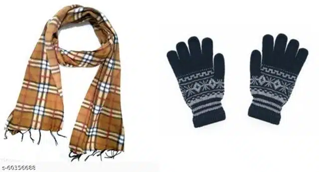 Woolen Winter Muffler with Gloves for Men (Brown & Navy Blue, Free Size) (Set of 2)