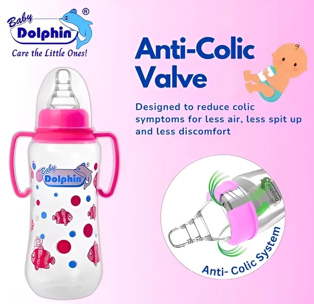 Baby Dolphin Anti-Colic Plastic Feeding Bottle 250ml with Handle | Pack of 1 |Liquid Silicone Nipple | BPA Free & Non-Toxic | Anti-Colic | Baby Feeder | Baby Milk Bottle