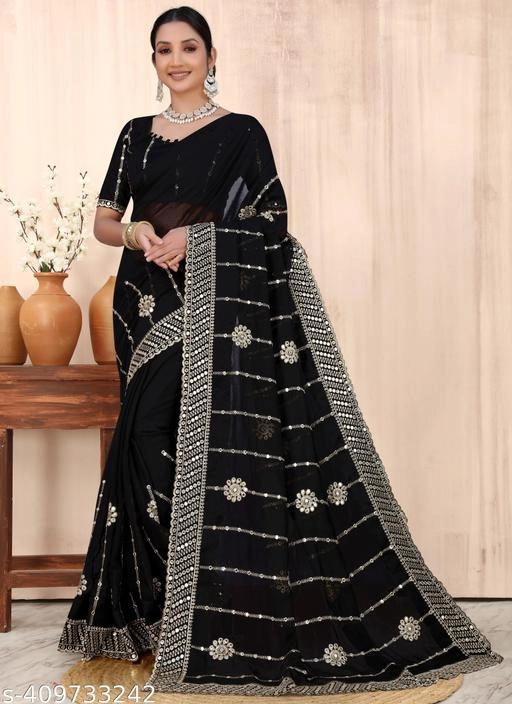 Georgette Embroidered Saree for Women (Black, 6.3 m)