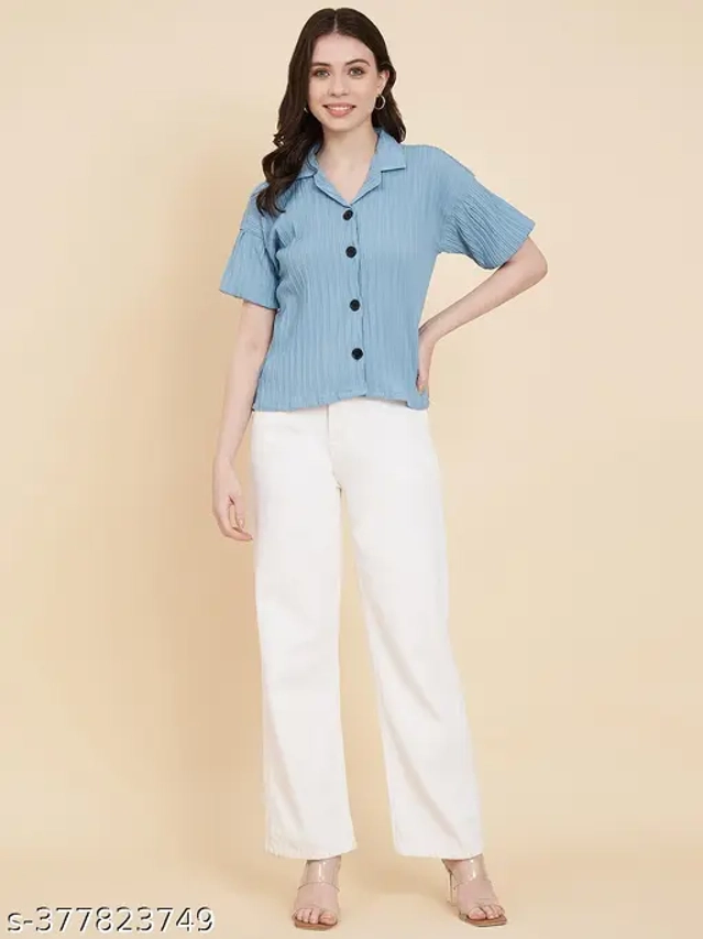 Cotton Blend Solid Shirt for Women (Sky Blue, S)