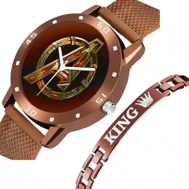 Analog Watch & King Bracelet Set for Men (Pack of 2) (Brown, Free Size) (H20)