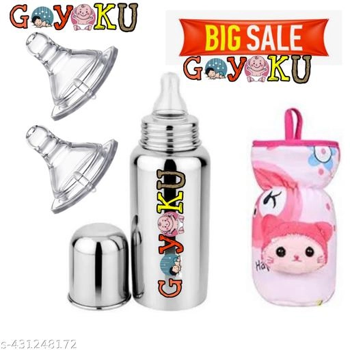 Stainless Steel Milk Bottle (450 ml), Bottle Cover, 2 Pcs Nipple for Infants (Multicolor, Set of 4)