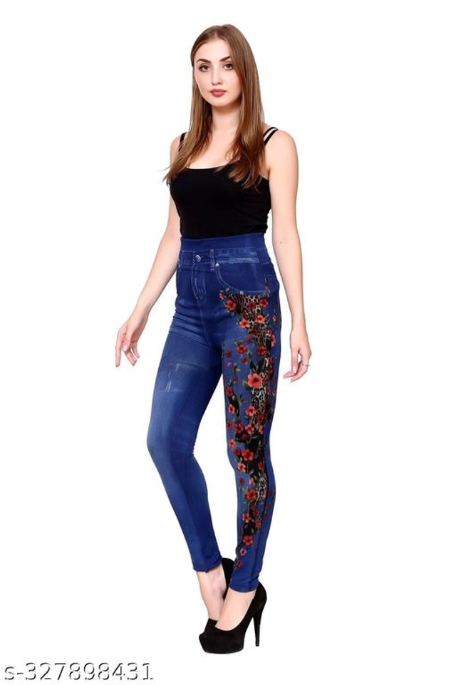 Polyester Dyed Jeggings for Women (Blue, Free Size)