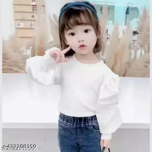 Cotton Blend Solid Top for Girls (White, 3-4 Years)