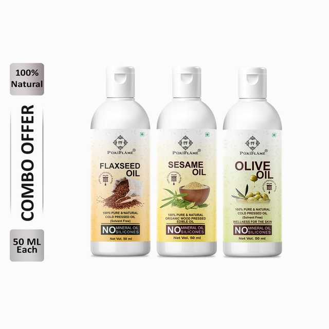 Puriflame Pure Flaxseed Oil (50 ml), Sesame Oil (50 ml) & Olive Oil (50 ml) Combo for Rapid Hair Growth (Pack of 3) (B-10714)