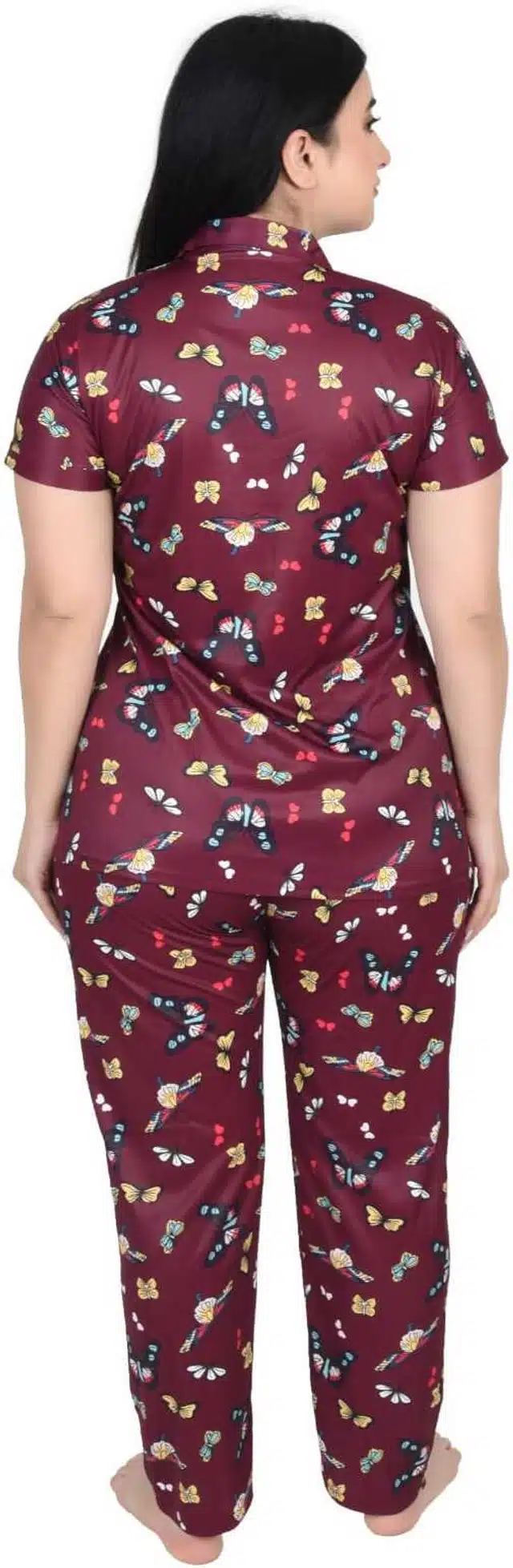 Satin Printed Night Suit for Women (Maroon, Free)