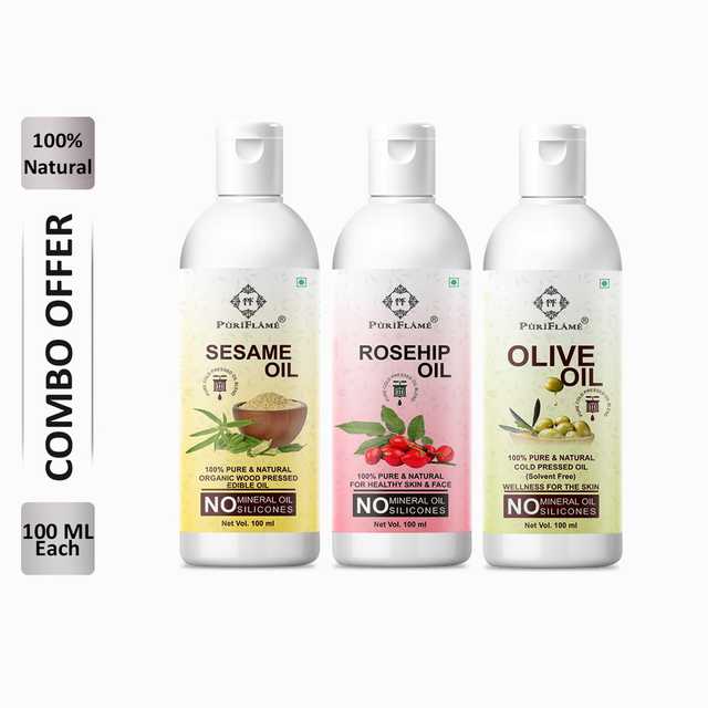PuriFlame Pure Sesame Oil (100 ml) & Rosehip Oil (100 ml) & Olive Oil (100 ml) Combo For Rapid Hair Growth (Pack Of 3) (B-7699)