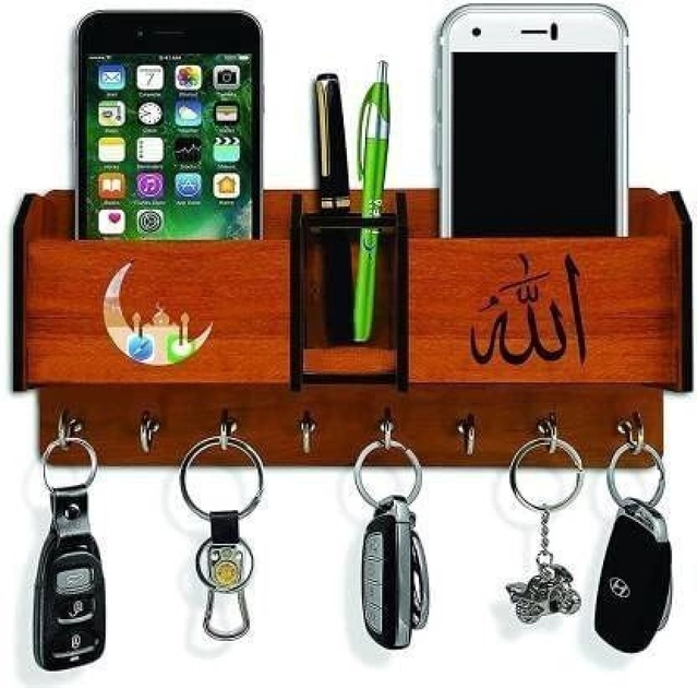 CAPIO ART Double Mobile Stand Allah Wood Key Holder (6 Hooks) (Brown) (Pack Of 1)