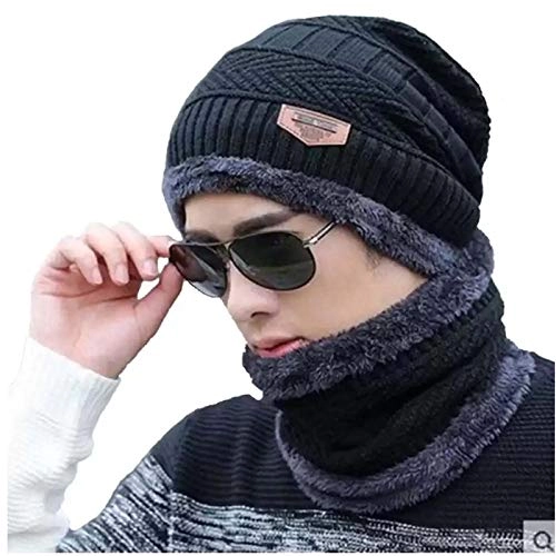 Woolen Cap with Neck Warmer & Gloves for Men & Women (Black, Set of 2)