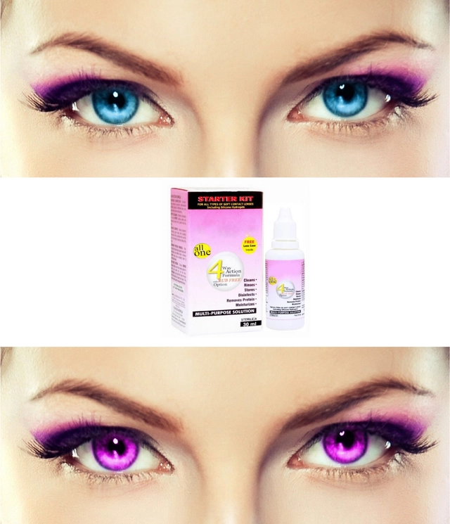 Combo of Zero Power Colored Contact Lenses for Eyes with Case (Aqua Blue & Violet, Set of 2)