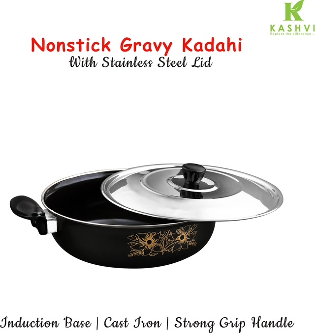 Cast Iron Kadai with Lid (Black & Silver, 28 cm)