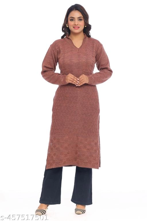 Woolen Solid Kurti for Women (Brown, L)