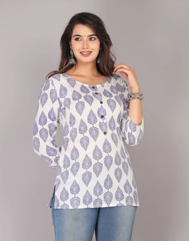 Viscose Rayon Printed Short Kurti for Women (White, XS)