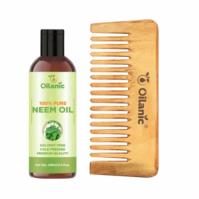 Natural Neem Oil (100 ml) & Herbal Handmade Neem Wooden Comb (5.5 inches) Combo (Pack of 2)